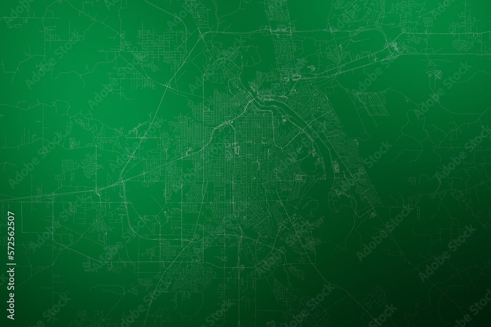 Map of the streets of Shreveport (Louisiana, USA) made with white lines on abstract green background lit by two lights. Top view. 3d render, illustration