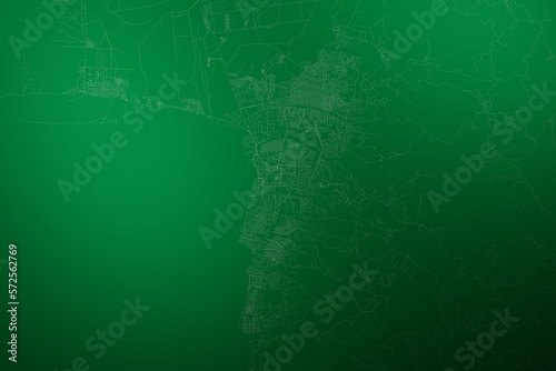 Map of the streets of Bujumbura  Burundi  made with white lines on abstract green background lit by two lights. Top view. 3d render  illustration