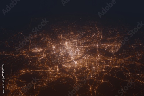 Aerial shot of Hangzhou (China) at night, view from south. Imitation of satellite view on modern city with street lights and glow effect. 3d render