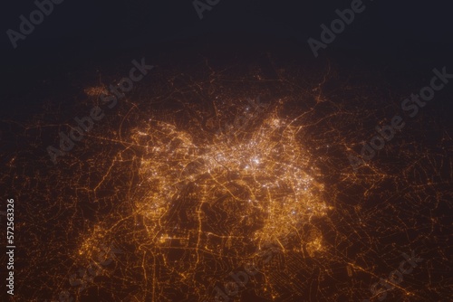 Aerial shot on Krakow (Poland) at night, view from east. Imitation of satellite view on modern city with street lights and glow effect. 3d render