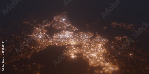 Street lights map of Aukland (New Zealand) with tilt-shift effect, view from south. Imitation of macro shot with blurred background. 3d render, selective focus