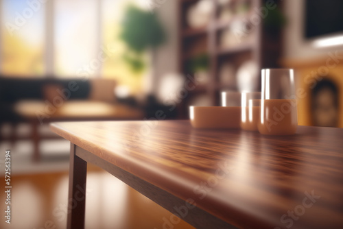 Empty wooden desk table in blurred living room background, made with AI generative