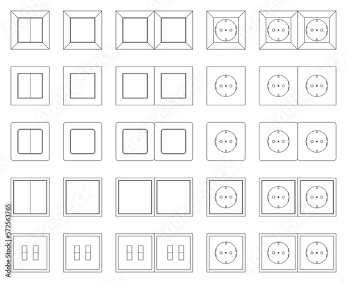 Lichtschalter und Steckdosen, diverse Modelle, maßstabsgetreu, skalierbar, editierbar, Vektorgrafik, Schaltsymbole, Architektur, 