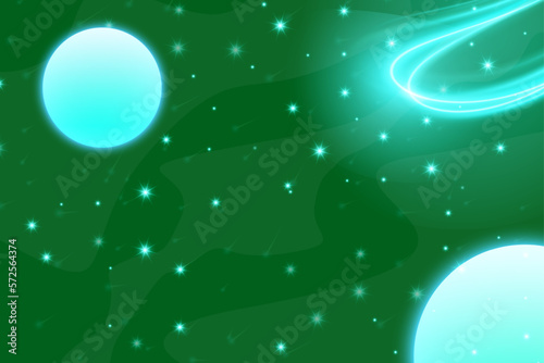 Beautiful teal or green turquoise galaxy background with nebula cosmos and comets. Stardust and bright shining stars in universal. Vector illustration.