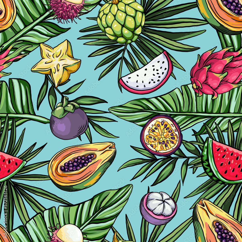 Seamless pattern with tropical fruits. dragon fruit, mangosteen, papaya, carambola, passion fruit, watermelon background for textile, fashion texture, wallpaper in vector Seamless pattern with tropical fruits. dragon fruit, mangosteen, papaya, carambola, passion fruit, watermelon background for textile, fashion texture, wallpaper in vector