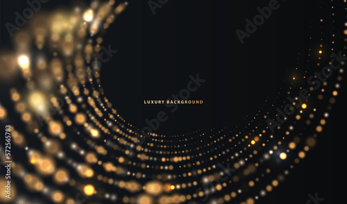 Geometric glowing shapes with gold blurred lines and dots luxury abstract on black background. Shiny golden bokeh glitter halftone blur glamour vector design.