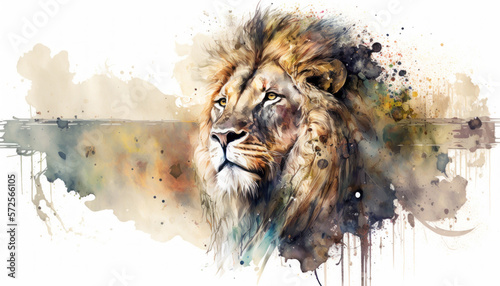 Majestic lion portrait watercolor paint on white. Generative AI