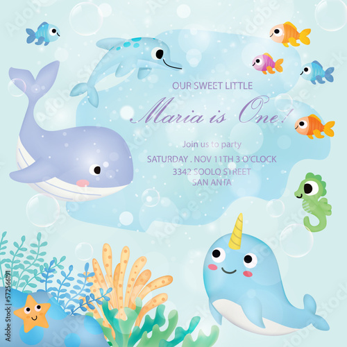birthday invitation, birthday card cute marine theme sea cute fish, turtle