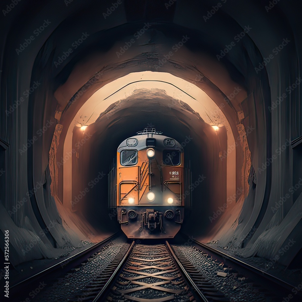 Train in a tunnel with headlights on. Transportation of passengers over