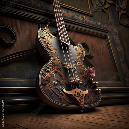 Bass guitar with a luxurious design on the background of a wooden wall. Quality tree, music, creativity, high resolution, art, generative artificial intelligence