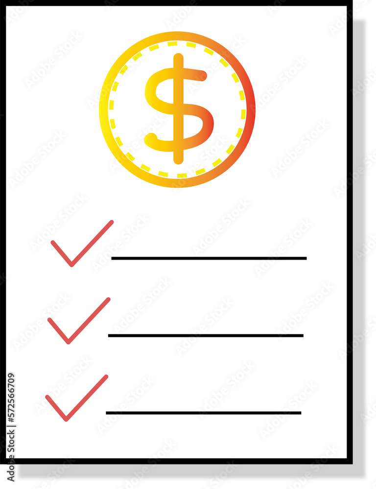 Several ticks and a money symbol on a paper document for confirmation icon Several ticks and a money symbol on a paper document for confirmation icon