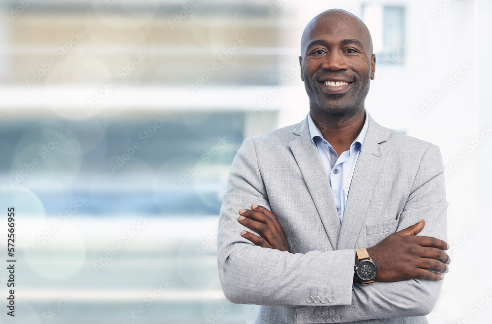 Smile, leadership and portrait of black man, confident ceo with mockup and blurred background. Vision, future and proud businessman, leaderin growth and development of business in corporate Africa. - obrazy, fototapety, plakaty 
