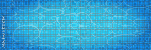 Swimming pool caustics ripple background. Blue swimming pool for backdrop, banner, wallpaper, surface pattern, cover and banner. Swimming pool bottom background. Summer concept, vector illustration