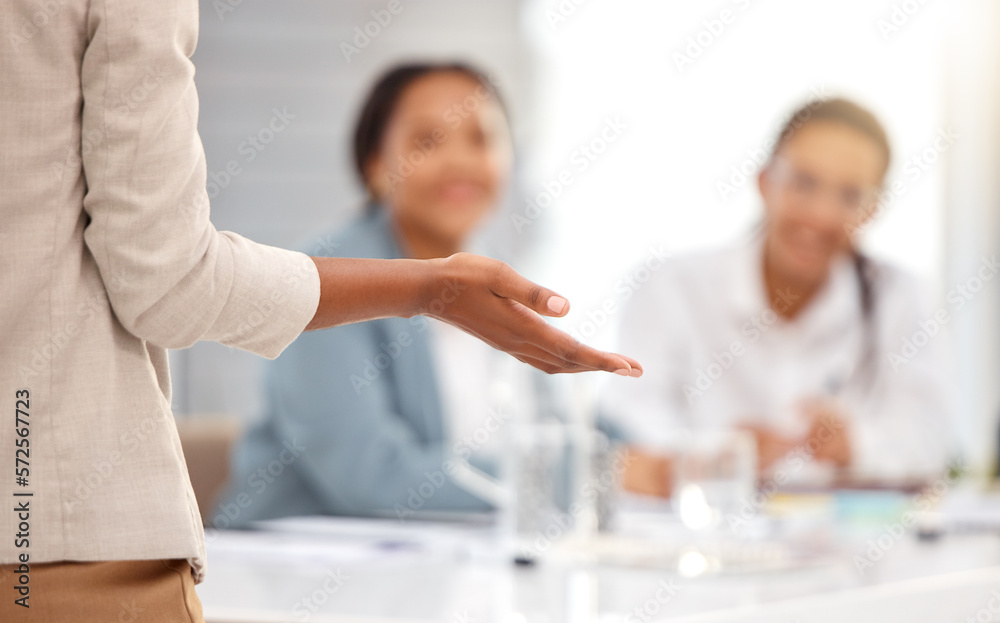 Obraz premium Meeting, hand and presentation in a boardroom by business person talking and briefing team on company goal. Mockup, office and leader or manager in discussion with colleagues planning at startup