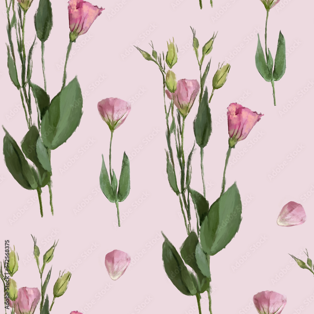 Seamless pattern with pink roses. Flowers, blooming flowers, pink background. Hand drawn detailed botanical pattern for social media, web, cards.