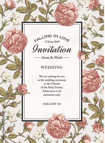 Wedding marriage thanks invitation. Beautiful blooming flowers fabric. Vintage greeting card. Frame. Drawing engraving Roses agrostemma isolated floral Wallpaper background Vector baroque Illustration