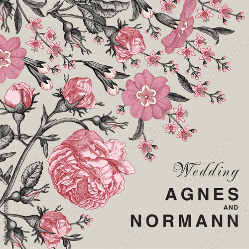 Wedding marriage thanks invitation. Beautiful blooming flowers fabric. Vintage greeting card. Frame. Drawing engraving Roses agrostemma isolated floral Wallpaper background Vector baroque Illustration
