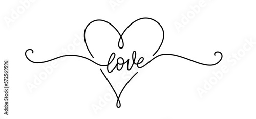 LOVE word continuous one line lettering with heart shape. Modern calligraphy hand drawn script love text. Vector illustration. Design for print on shirt, poster, banner. Text on white background