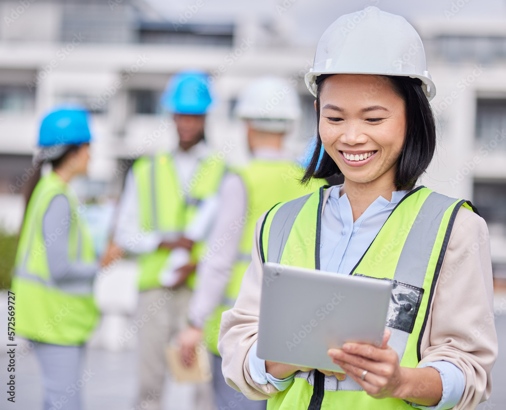Leadership, tablet or happy Asian woman contractor with smile for management or engineering success in construction site. Logistics, leader or warehouse manager in safety helmet or vision development Leadership, tablet or happy Asian woman contractor with smile for management or engineering success in construction site. Logistics, leader or warehouse manager in safety helmet or vision development