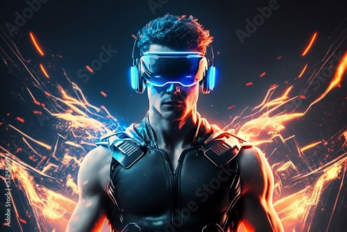 Man is using virtual reality headset. Future technology concept. VR. Neon light. Generative AI