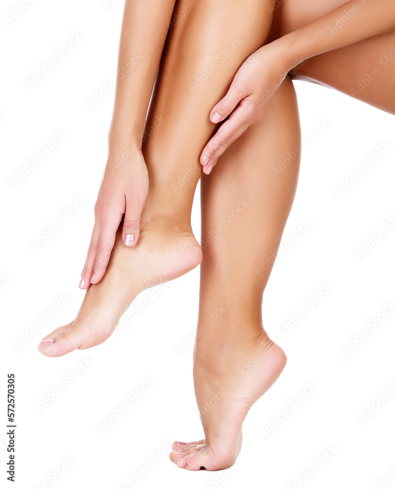 Female legs and hands, white background, isolated Female legs and hands, white background, isolated