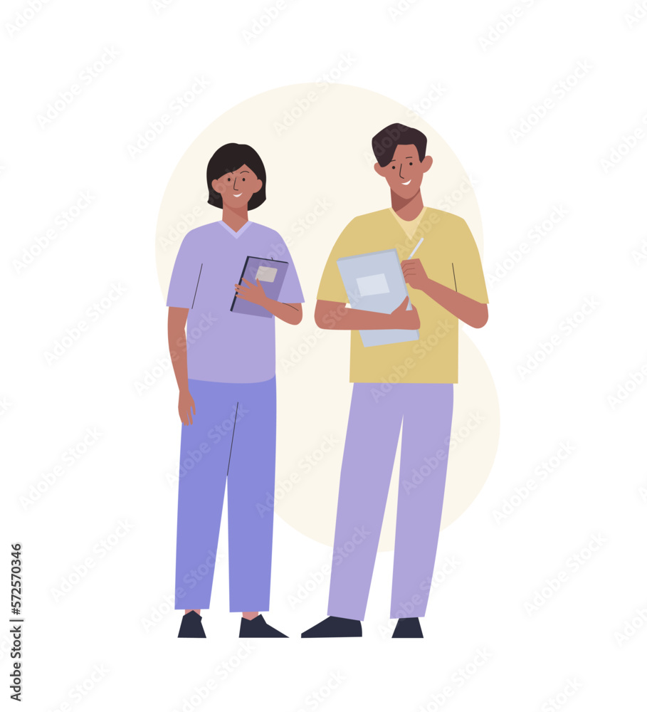 Nurses doctor team in uniform takes notes in notebook Nurses doctor team in uniform takes notes in notebook