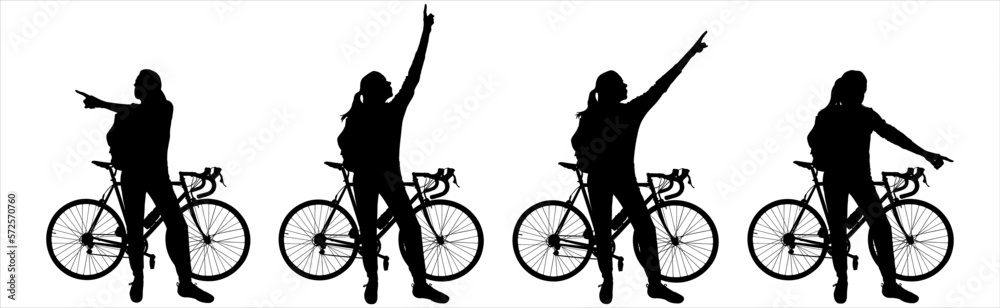 Obraz premium The cyclist indicates with his hand the direction to the sides. Route search. A girl with a big backpack behind her back is standing near the bike. Side view. Four black silhouettes isolated on white