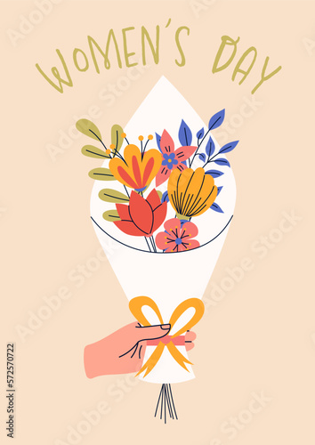 8 march, International Women's Day. Greeting card or postcard templates with bouquet of flowers for card, poster, flyer. Girl power, feminism, sisterhood concept. © Анна Орлова