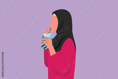 Graphic flat design drawing side view of Arab woman using straw and drinking smoothie juice from plastic cup. Female feel thirsty and try to refresh in hot summers. Cartoon style vector illustration