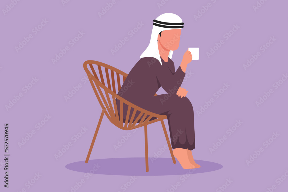 Cartoon flat style drawing side view of relaxed Arabian guy sitting in lounge chair, watching TV in free time with coffee. Tea time or take break after office hour. Graphic design vector illustration