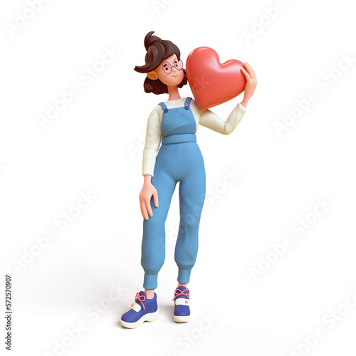 Cute casual kawaii funny smiling brunette asian k-pop girl in glasses wears blue overalls stands holding red heart shape with hand. I Love You. Minimal art style. 3d render isolated transparent.
