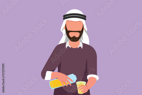 Cartoon flat style drawing active Arab man pouring orange juice into glass from bottle while having breakfast at home. Healthy male feels thirsty in summer season. Graphic design vector illustration