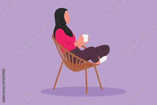 Graphic flat design drawing side view of relaxed Arabian woman sitting in lounge chair, enjoying free time with hot coffee. Tea time or take break after office hour. Cartoon style vector illustration