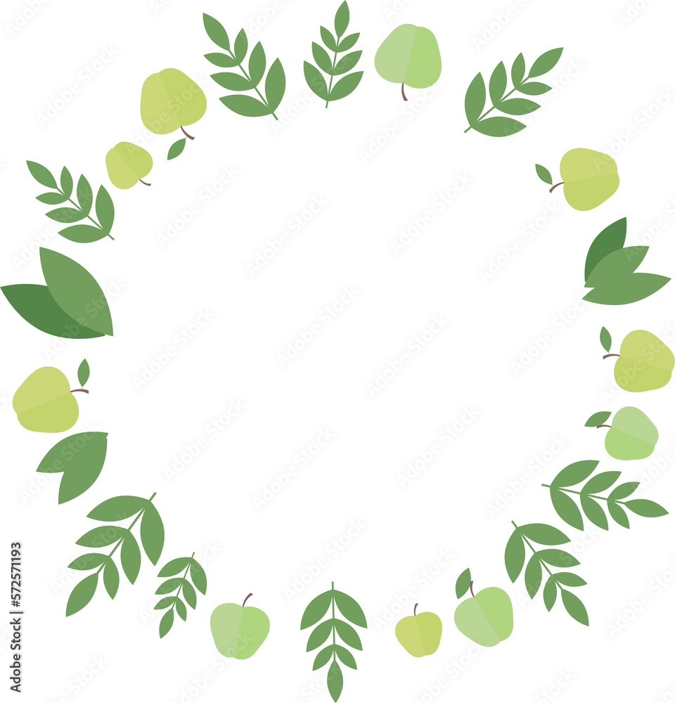 Round frame of apples and green leaves in flat