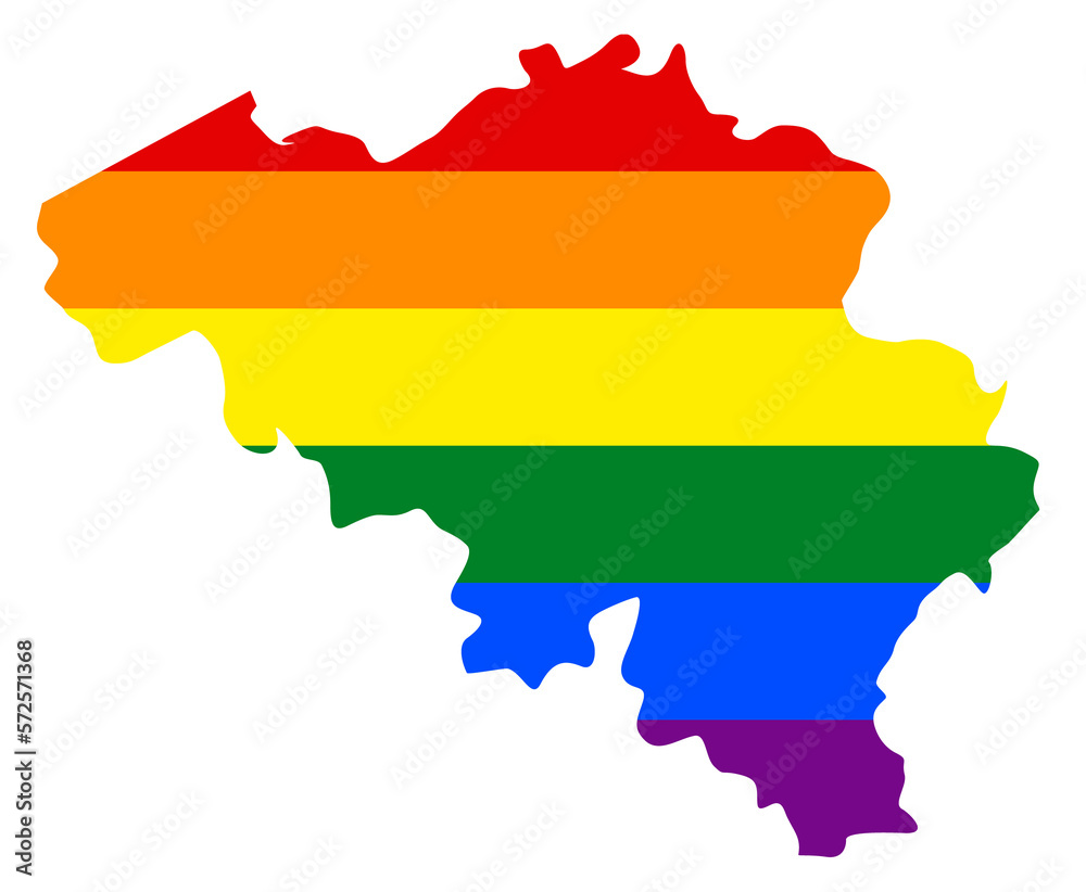LGBT flag map of the Belgium. PNG rainbow map of the Belgium in colors of LGBT (lesbian, gay, bisexual, and transgender) pride flag.