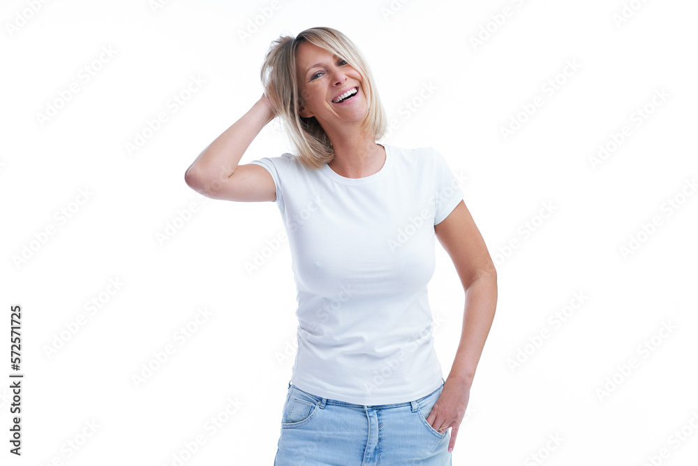 Picture of blonde woman over back isolated background making happy faces Picture of blonde woman over back isolated background making happy faces