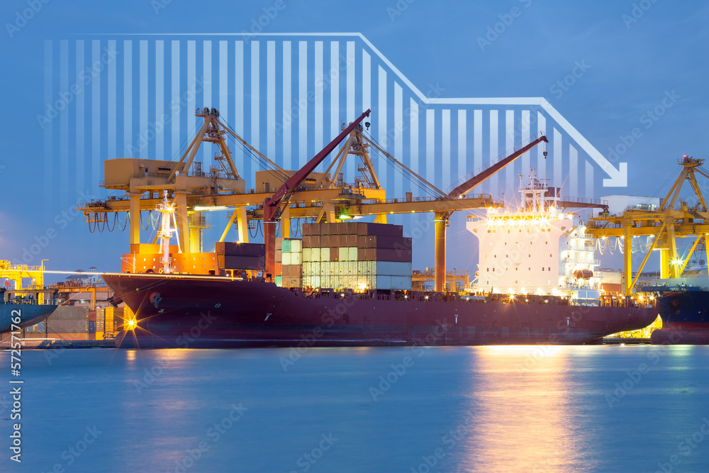 Cargo ship, cargo container work with crane at dock, port or harbour. Freight transport with drop arrow, decrease graph or bar chart. Concept for business, import export, market, trade, demand, supply