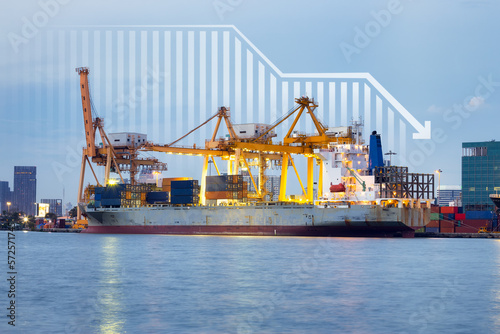 Cargo ship, cargo container work with crane at dock, port or harbour. Freight transport with drop arrow, decrease graph or bar chart. Concept for business, import export, market, trade, demand, supply