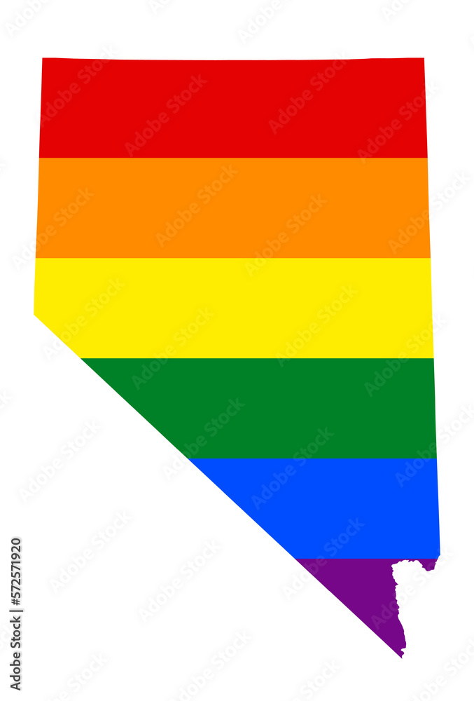 Fototapeta premium LGBT flag map of the Nevada. PNG rainbow map of the Nevada in colors of LGBT (lesbian, gay, bisexual, and transgender) pride flag.