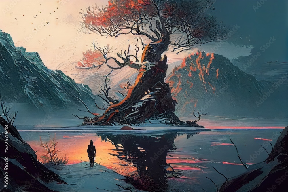 Fototapeta premium Winter landscape with mountains, frozen lake with reflections, and bonsai tree. Generative AI.