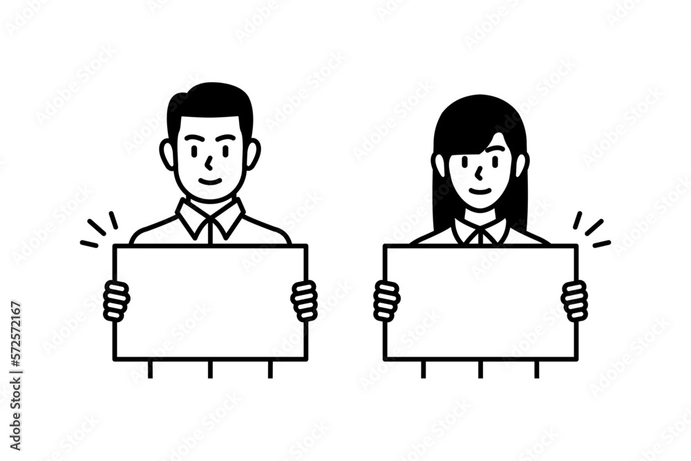 Cartoon illustration of a man and woman holding a board. Illustration for promotion, marketing, campaigns. Cartoon illustration of a man and woman holding a board. Illustration for promotion, marketing, campaigns.