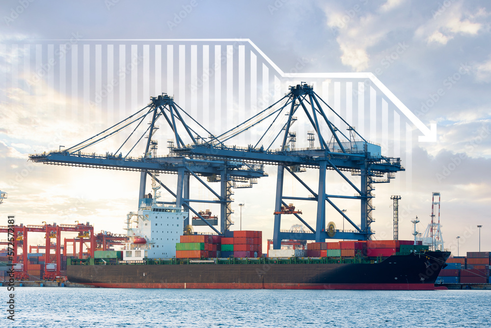 Cargo ship, cargo container work with crane at dock, port or harbour. Freight transport with drop arrow, decrease graph or bar chart. Concept for business, import export, market, trade, demand, supply Cargo ship, cargo container work with crane at dock, port or harbour. Freight transport with drop arrow, decrease graph or bar chart. Concept for business, import export, market, trade, demand, supply