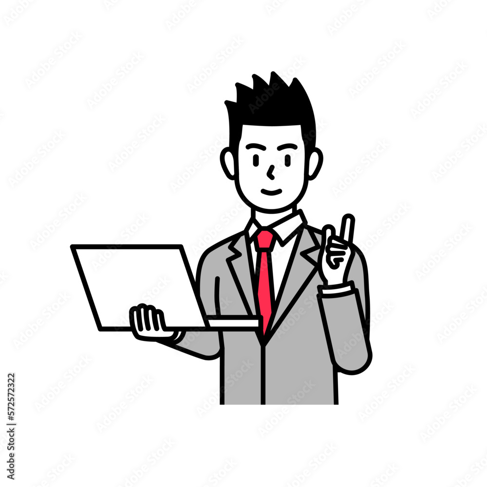 Cartoon illustration of a businessman holding a laptop and explaining. Illustration related to business, education, campaign, etc. Cartoon illustration of a businessman holding a laptop and explaining. Illustration related to business, education, campaign, etc.