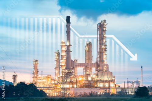 Oil gas refinery or petrochemical plant. Include arrow, graph or bar chart. Decrease trend or low of production, market price, demand, supply. Concept of business, industry, fuel, power energy. 