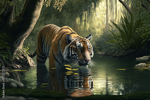 Tiger drinking from clear spring in jungle. Generative AI