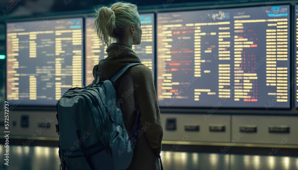 On Your Way, Woman Checking Departure Board at the Airport, Generative AI On Your Way, Woman Checking Departure Board at the Airport, Generative AI