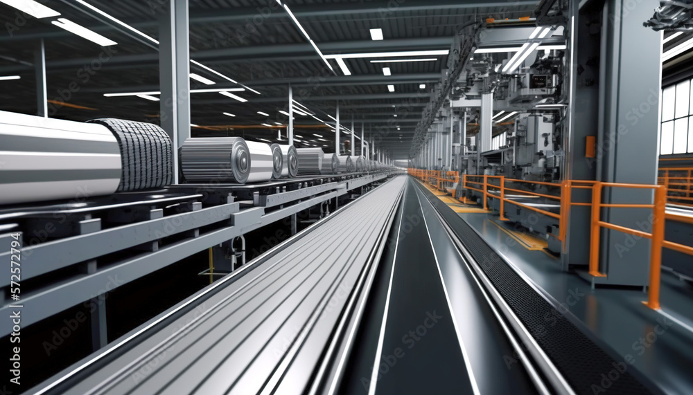 Naklejka premium A long factory assembling conveyor line for your manufacturing process, Generative AI