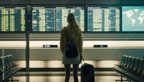 Explore the World, Woman Checking Departure Board at the Airport, Generative AI