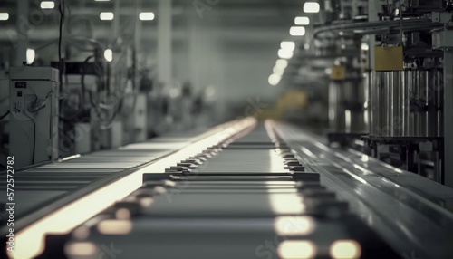 A safe working environment with a long factory assembling conveyor line, Generative AI