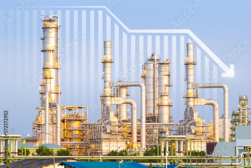 Oil gas refinery or petrochemical plant. Include arrow, graph or bar chart. Decrease trend or low of production, market price, demand, supply. Concept of business, industry, fuel, power energy. 